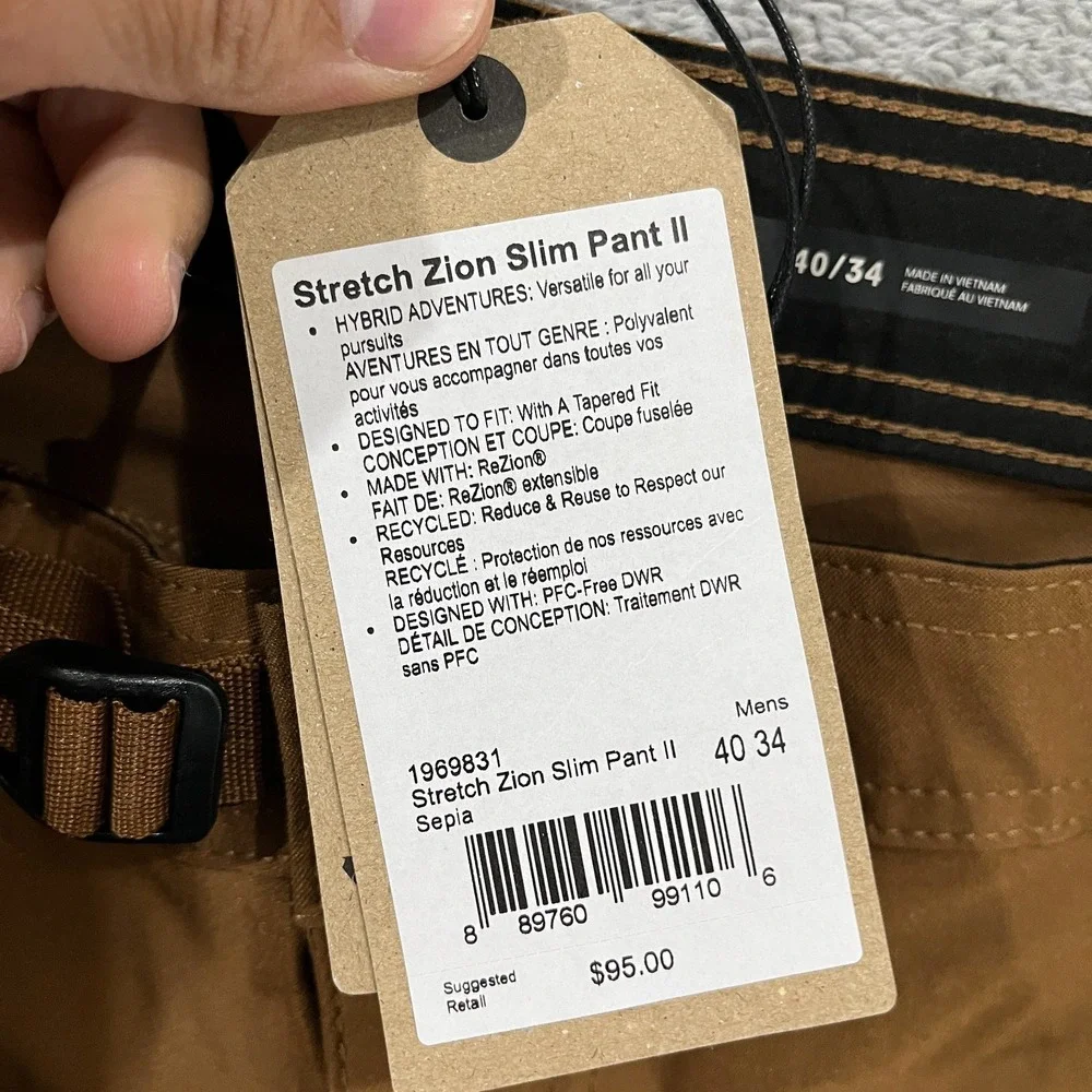 PrAna Zion Pants II Mens 40x34 Sepia Brown Hiking Outdoor Camping Slim Fit Trail